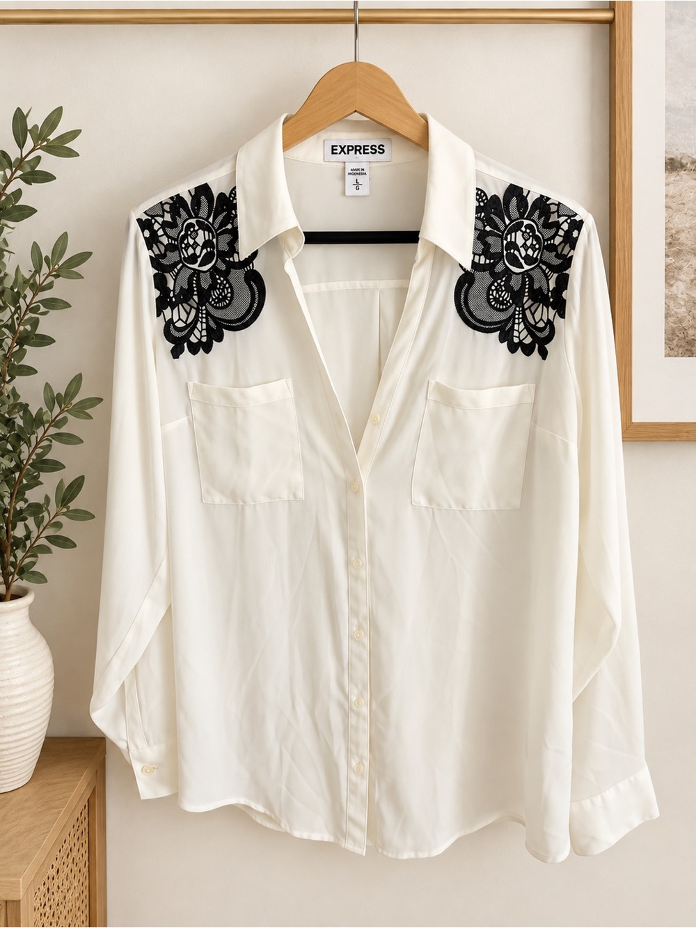 Express White Button-Front Shirt with Black Lace Shoulders